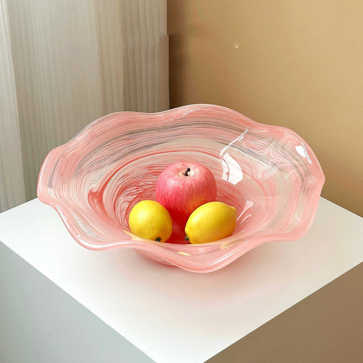 Hand-Blown Wavy-Rim Swirled Glass Centerpiece Bowl