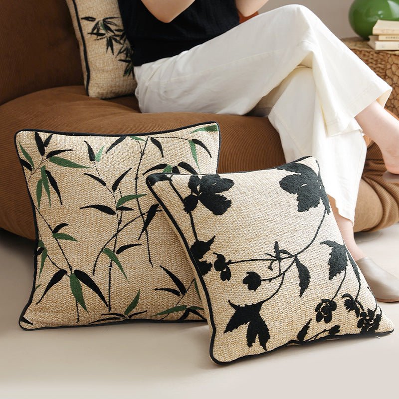 Woven decorative cushion cover with bamboo leaf jacquard and contrast piping
