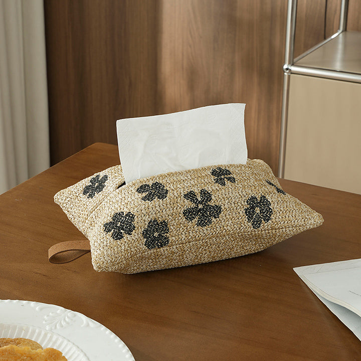 Woven tissue box cover in straw look with embroidered flower motif