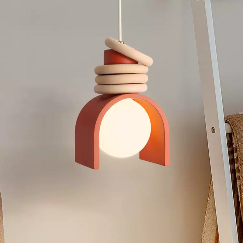 Scandinavian Arch-Shade pendant lamp with wood ring accents and frosted globe