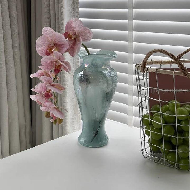 Hand-Blown Swirl Art Glass Decorative Bud Vase with Flared Lip and Textured Inclusions