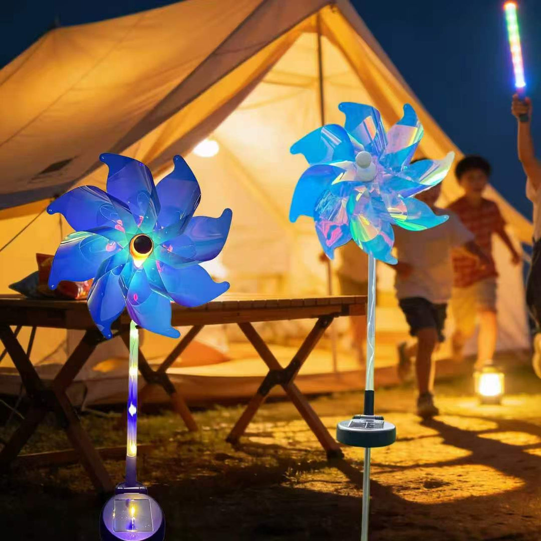 Solar-powered LED iridescent flower windmill garden stake