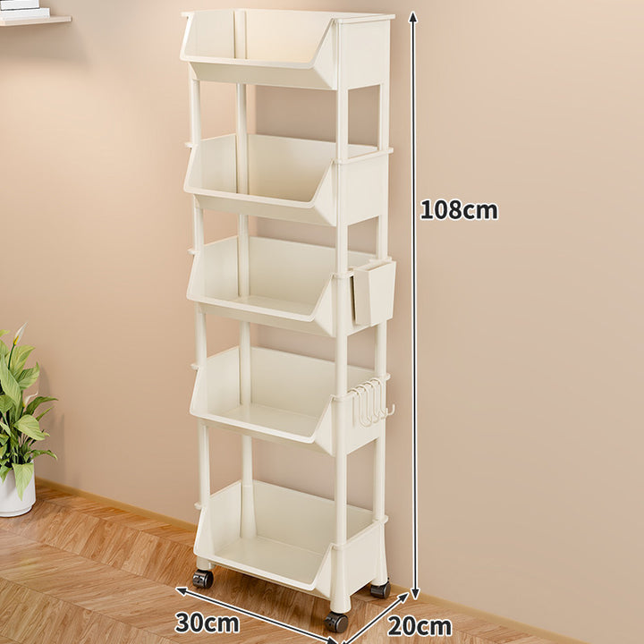 Slim Vertical Four-Bin Rolling Storage Tower with Deep Angled Bins and Side Hook