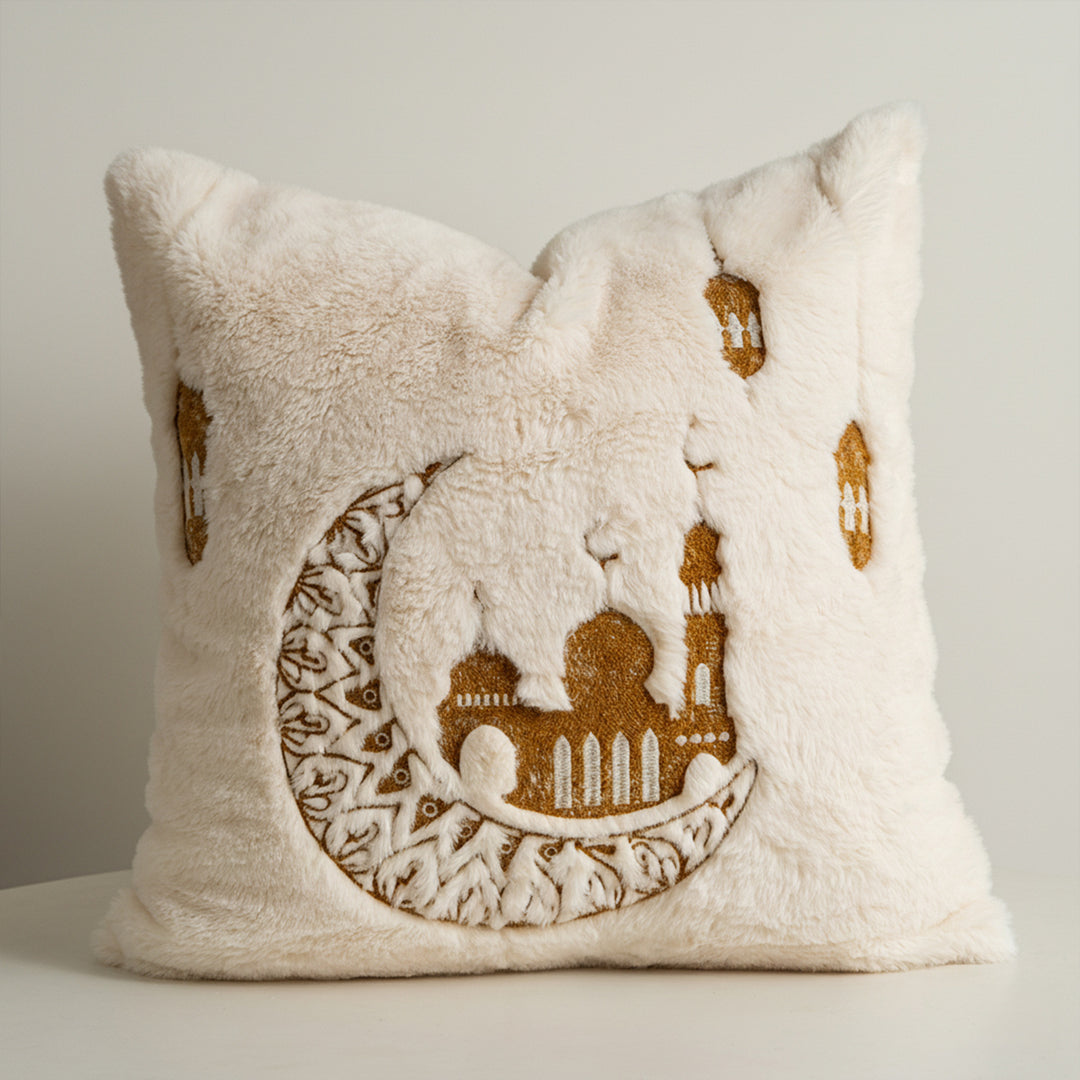 Square cushions made of micro plush with embossed mandala relief and concealed zipper