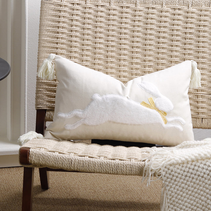 Decorative Lumbar Pillow Cover with Tufted Bunny Appliqués and Corner Tassels