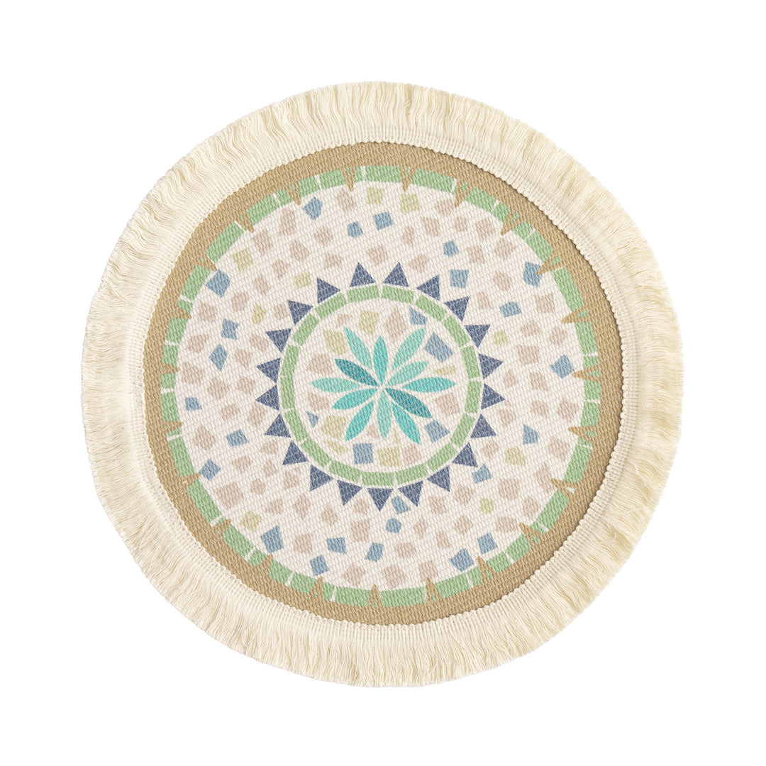 Round handmade woven decorative rug with fringes and botanical pattern