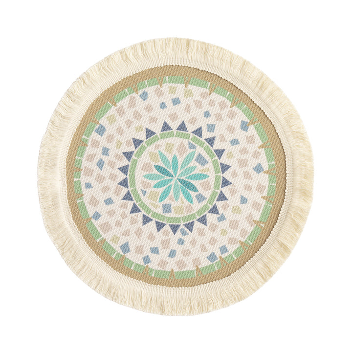 Round handmade woven decorative rug with fringes and botanical pattern