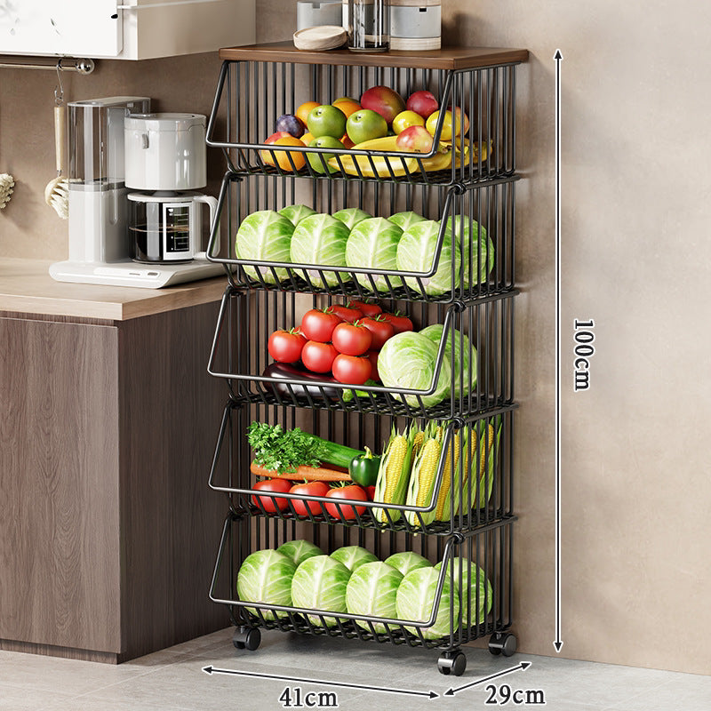 Slim Five-Tier Rolling Metal Kitchen Pantry Storage Rack with Wire Baskets
