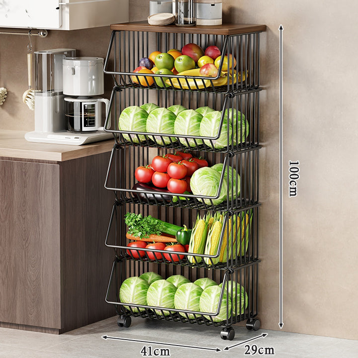 Slim Five-Tier Rolling Metal Kitchen Pantry Storage Rack with Wire Baskets