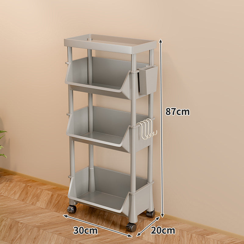 Slim Vertical Four-Bin Rolling Storage Tower with Deep Angled Bins and Side Hook