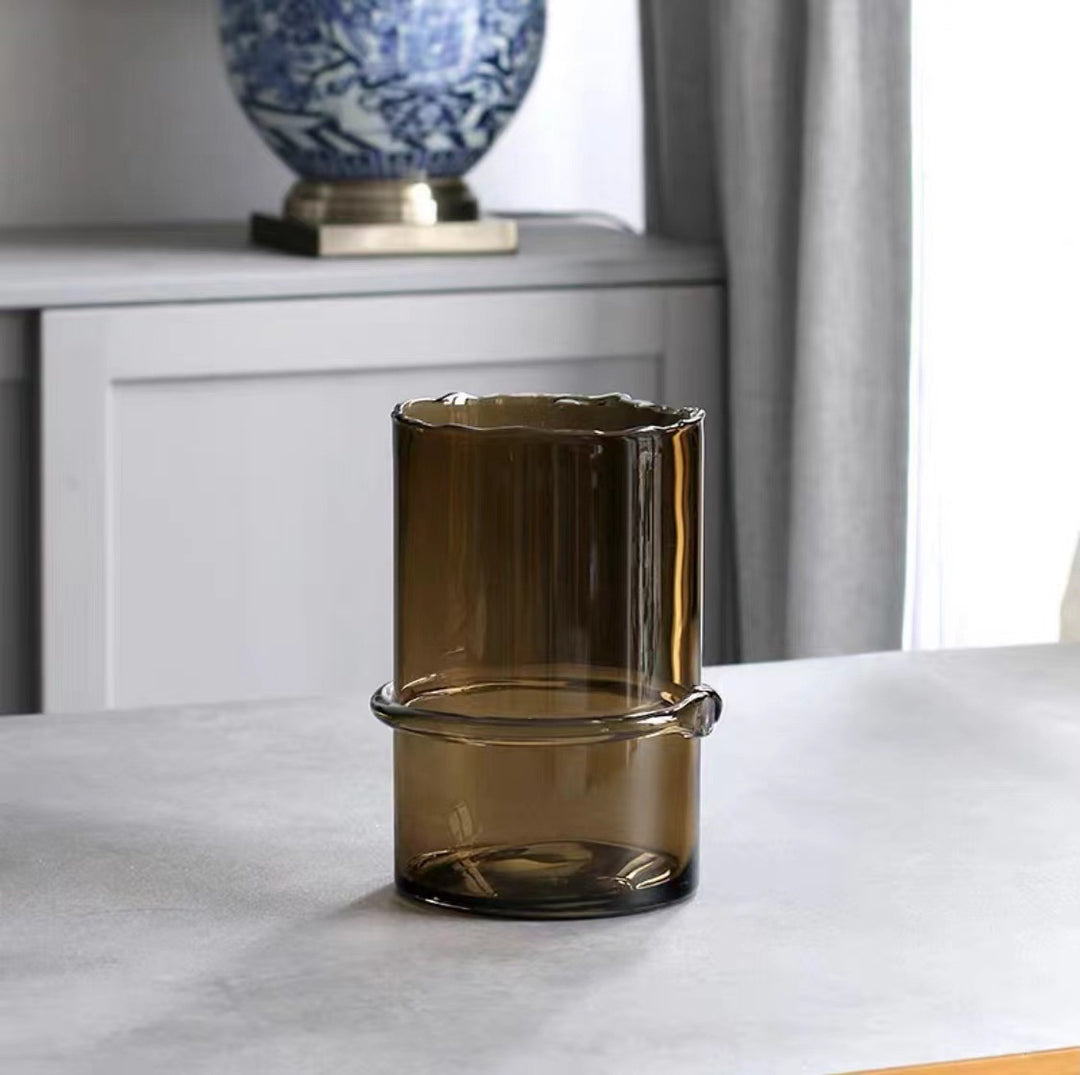 Hand-Blown Smoked Glass Cylindrical Centerpiece Vase with Decorative Mid-Ring