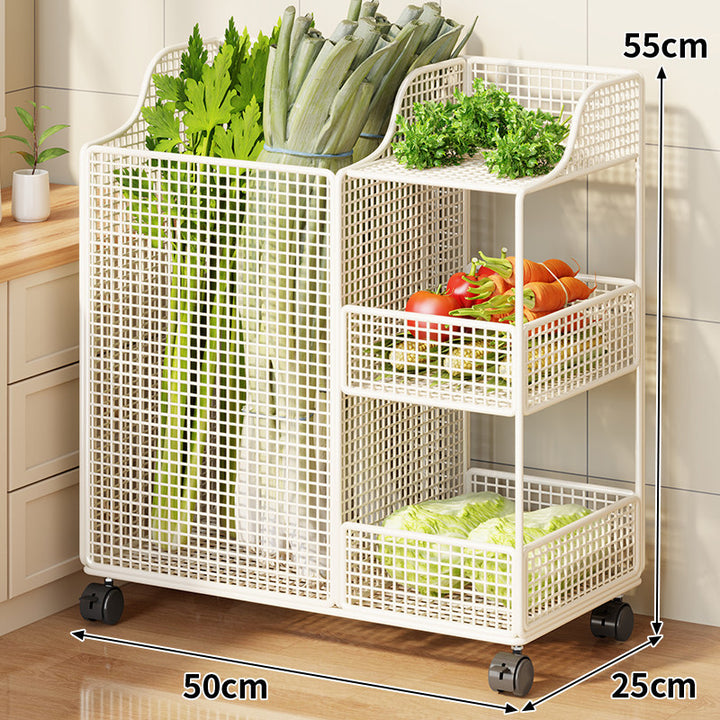 Rolling Metal Mesh Produce Storage Cart with Tall Vertical Compartment and Removable Shelves