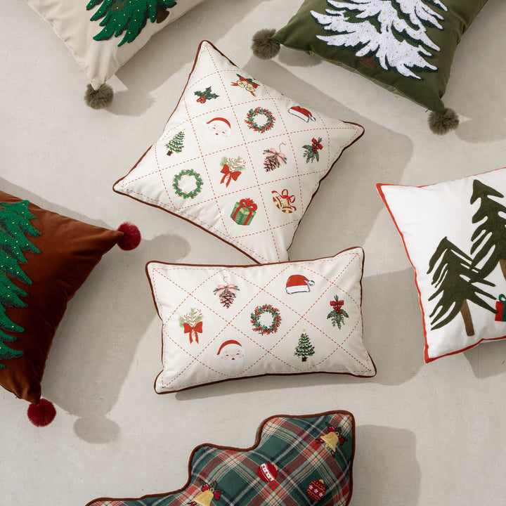 Rectangular decorative pillowcase with Christmas embroidery motifs and piping