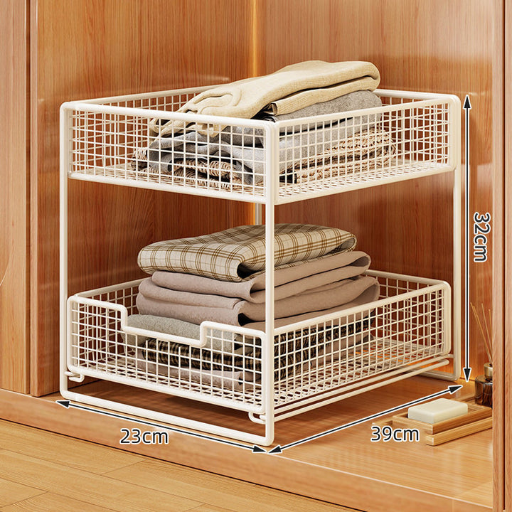 Two-Tier Pull-Out Wire Mesh Closet Organizer with Soft-Glide Slide and Stackable Drawers