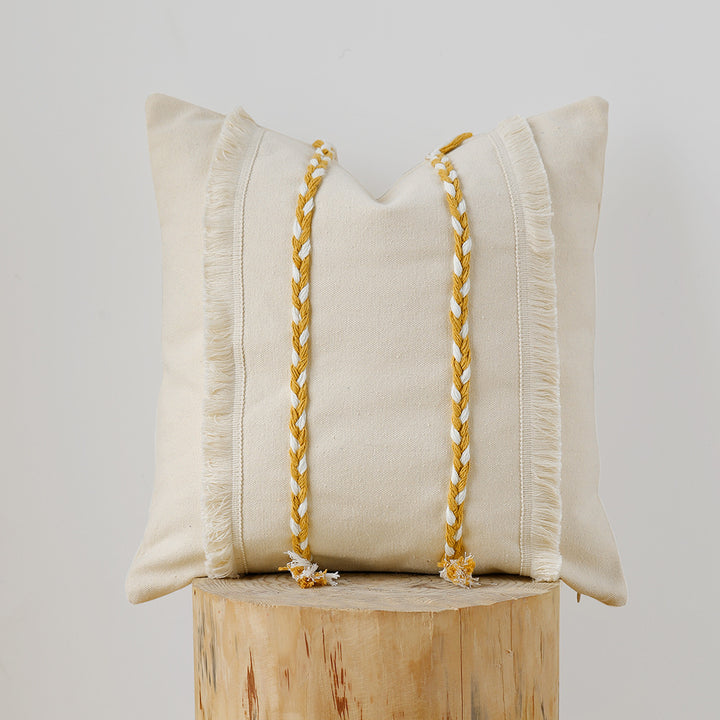 Decorative rectangular cotton cushion cover with woven trims and fringes