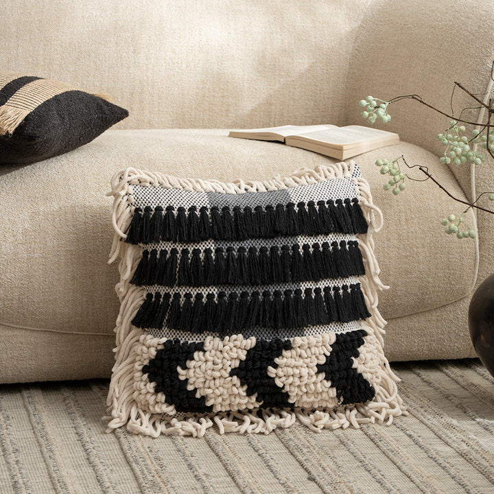 Boho cushion cover with macrame, tassels and relief texture