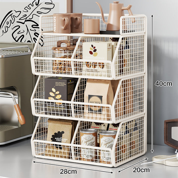 Stackable Two-Tier Wire Mesh Countertop Pantry Organizer with Tilt-Front Bins