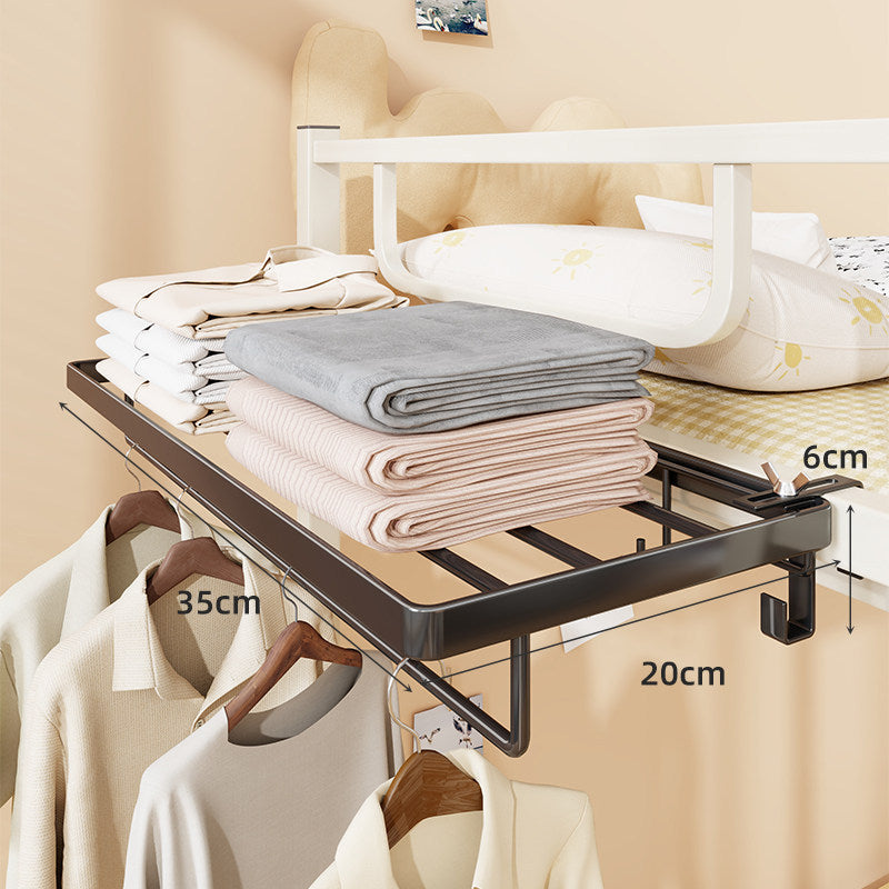 Bed Frame Mounted Slide-Out Clothes and Linen Shelf with Retractable Hanging Rail