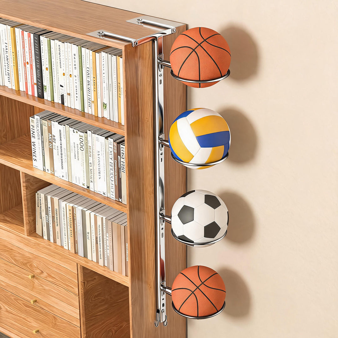 Multi-Ball Vertical Over-Shelf Sports Ball Organizer with Circular Cradles and Hook Storage