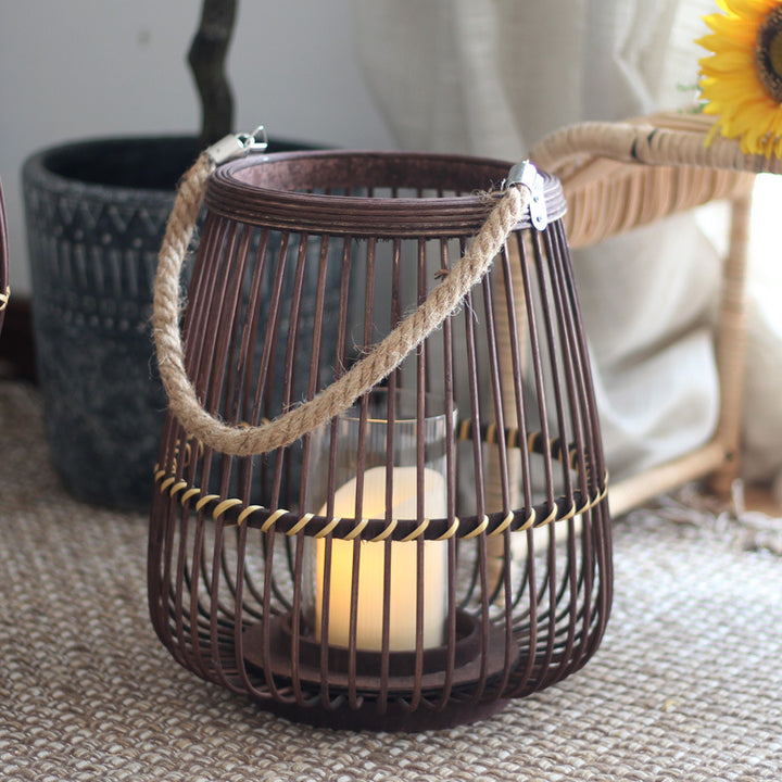 Stylish lantern made of rattan with wooden frame