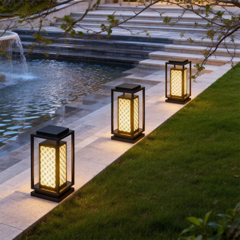 Japanese inspired solar garden floor lantern with wooden frame