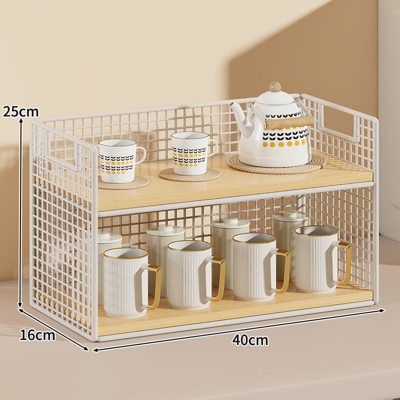 Three-Tier Wire Grid Countertop Display Shelf with Faux-Wood Removable Trays