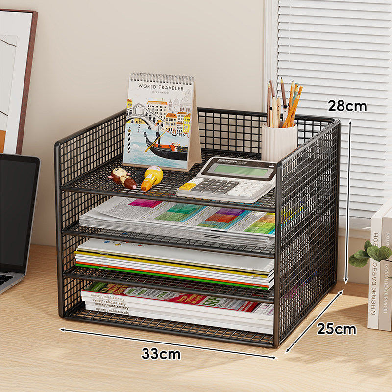 Multi-Tier Metal Mesh Desktop Document and Office Supply Organizer with Pull-Out Trays