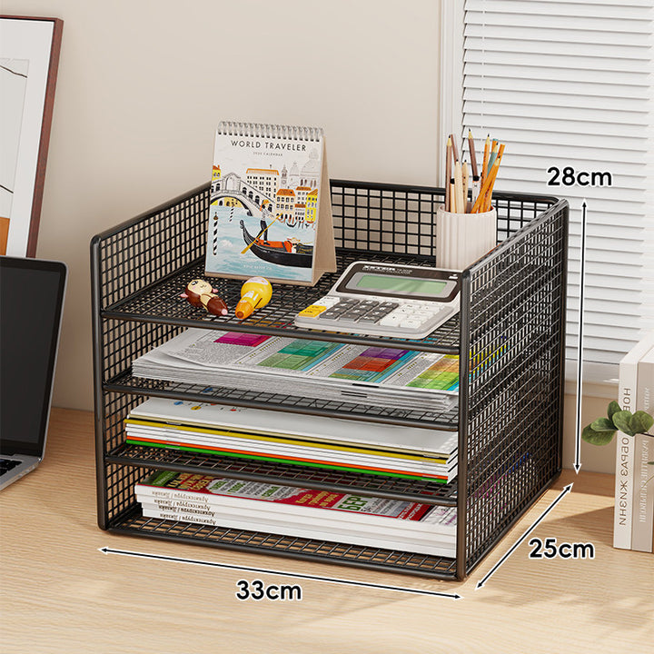 Multi-Tier Metal Mesh Desktop Document and Office Supply Organizer with Pull-Out Trays