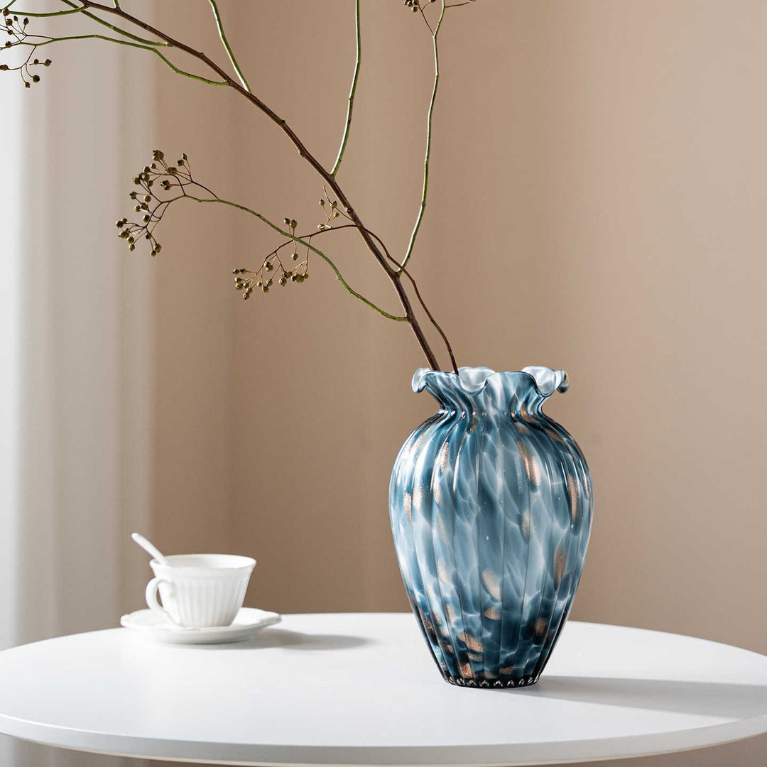 Hand-Blown Textured Swirl Bud Vase with Ruffled Flared Neck