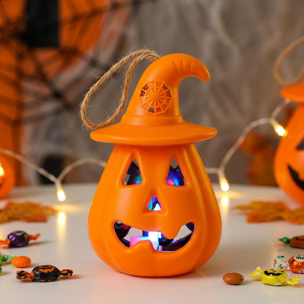 Halloween hanging LED pumpkin lantern ceramic ornament lantern with witch hat and jute rope