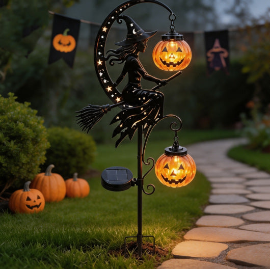 Outdoor Solar Halloween Garden Stake with Witch Silhouette and Hanging Pumpkin Lanterns