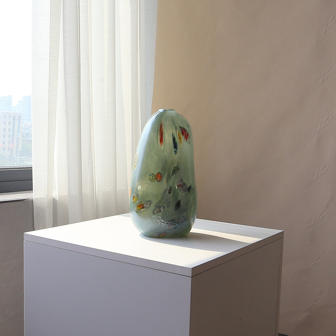 Sculptural Flat-Oval Hand-Blown Art Glass Tabletop Vase