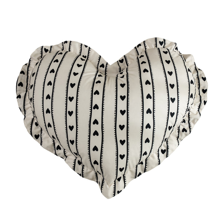 Heart-shaped decorative pillow with ruffled edge and heart pattern
