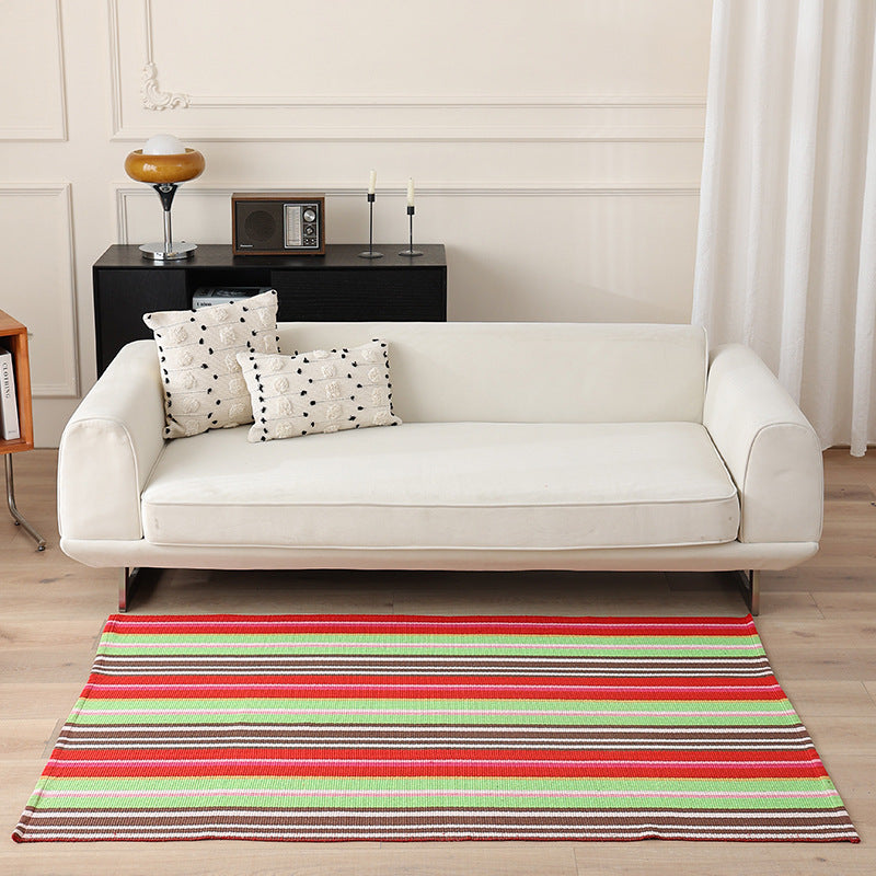 Striped Flat-Woven Cotton Rug in Kilim Style