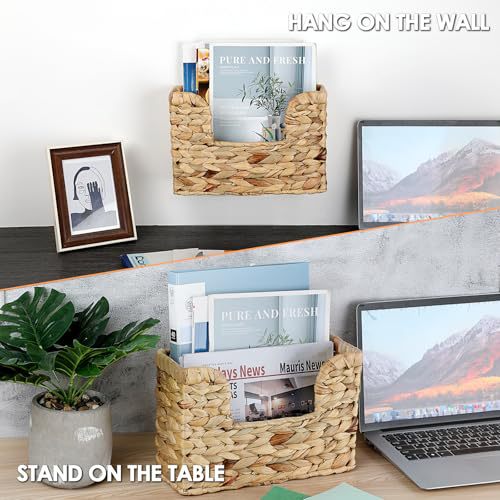 Wall shelf made of untreated wood with rattan inserts