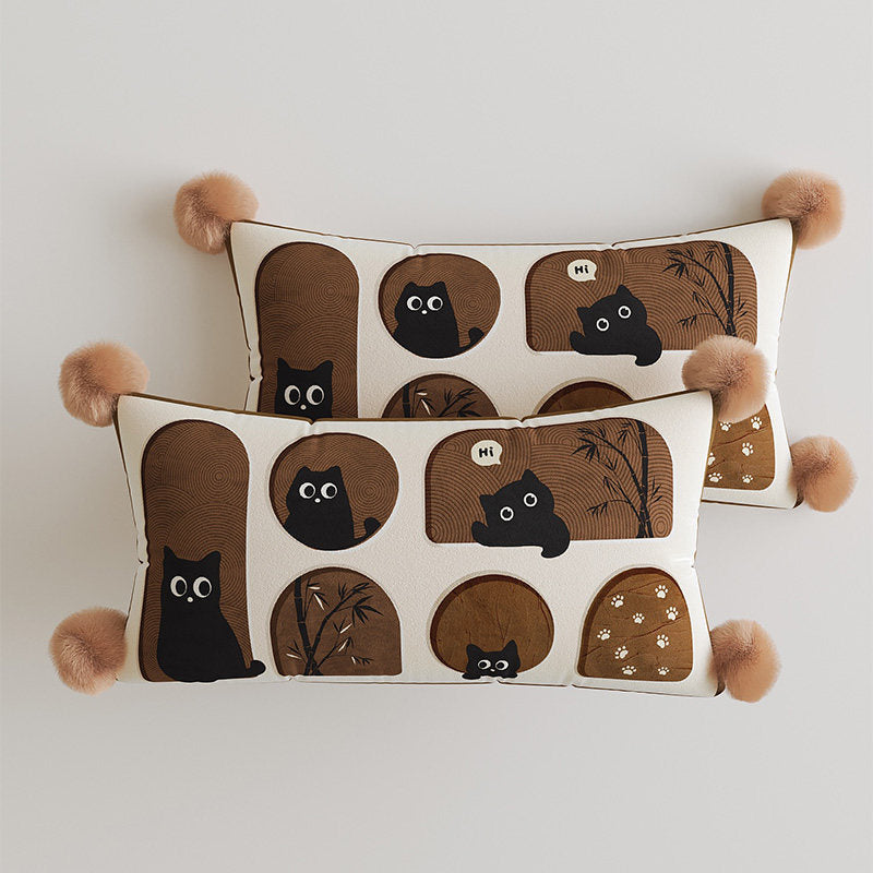 Decorative Rectangular Throw Pillow with Pom-Pom Corners and Patchwork Cat Illustration