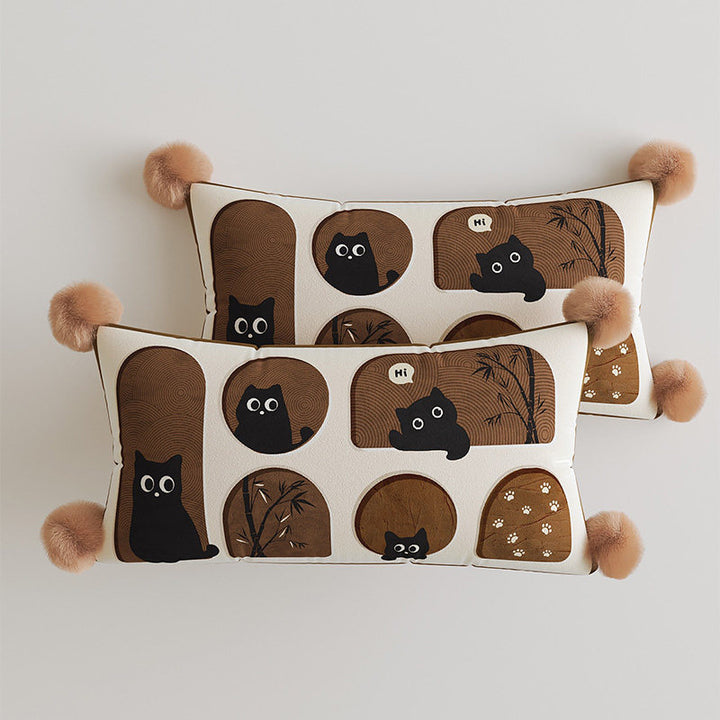 Decorative Rectangular Throw Pillow with Pom-Pom Corners and Patchwork Cat Illustration