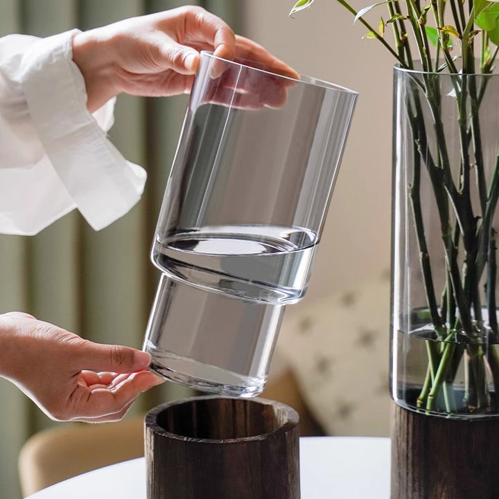 High-quality glass vase with wooden base