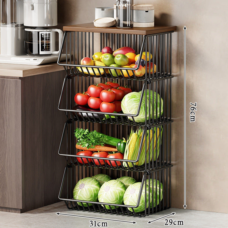 Multi-Tier Rolling Kitchen Fruit and Vegetable Storage Cart with Wood Top