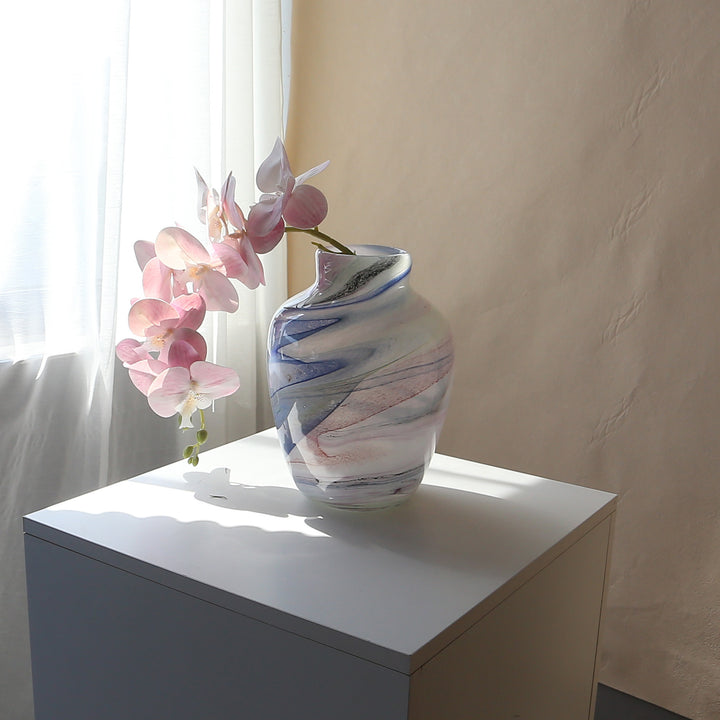 Handblown Pastel Swirl Sculptural Vase with Ruffled Lip