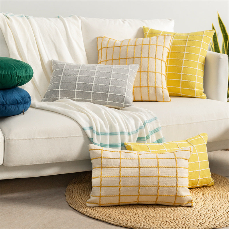 Woven decorative cushion cover made of cotton-linen with raised checkered pattern and concealed zipper