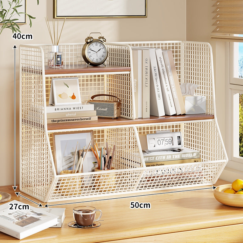Multi-Tier Metal Mesh Desktop Organizer Shelf with Angled Front Basket