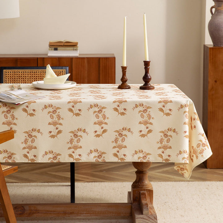 Light cotton blend tablecloth with vintage floral pattern and stain-resistant surface