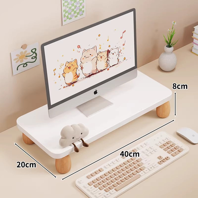 Low-Profile Ergonomic Wooden Desktop Monitor Lift with Under-Shelf Keyboard Storage