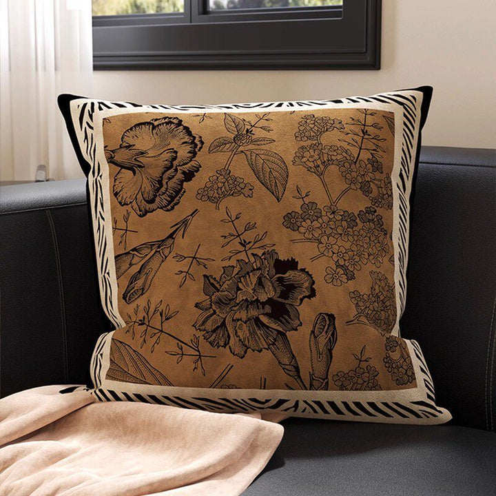 Botanical Sketch Velvet Square Throw Pillow Cover with Zebra-Trim Hidden Zipper