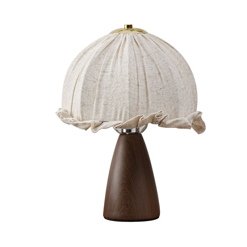 Handmade linen ruffle table lamp with walnut pyramid base