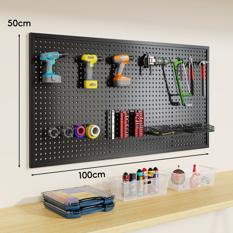 Heavy-Duty Wall-Mounted Perforated Steel Pegboard Tool Organizer with Modular Hooks and Shelf