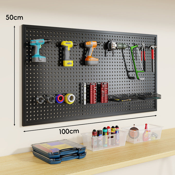 Heavy-Duty Wall-Mounted Perforated Steel Pegboard Tool Organizer with Modular Hooks and Shelf