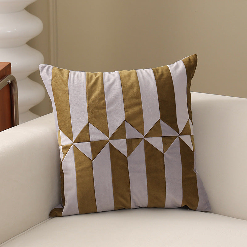 Square decorative cushion with striped velvet inlay and geometric pleated look