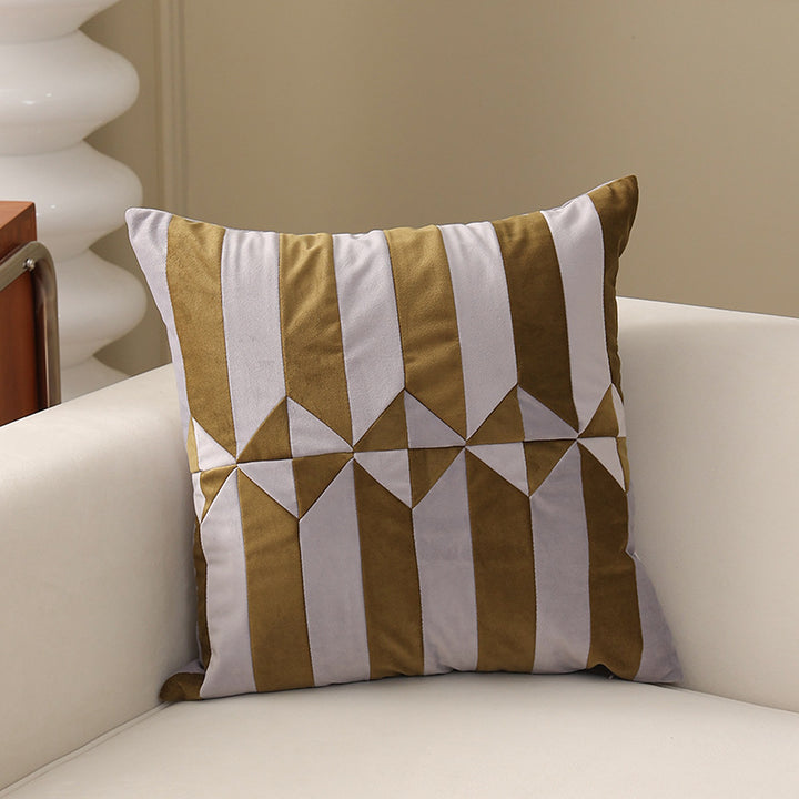 Square decorative cushion with striped velvet inlay and geometric pleated look